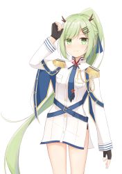 Rule 34 | 1girl, absurdres, aiguillette, an shan (azur lane), antlers, arm up, azur lane, belt, black gloves, blush, breast pocket, capelet, commentary request, detached collar, dress, epaulettes, eyes visible through hair, fingerless gloves, gloves, green eyes, green hair, highres, horns, long hair, looking at viewer, military, military uniform, naval uniform, necktie, number hair ornament, pocket, shasha (shasha159357), sidelocks, simple background, smile, solo, uniform, white background, white dress