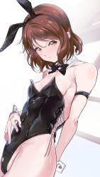 Rule 34 | 1girl, absurdres, alternate costume, animal ears, arm behind back, bare legs, black leotard, bow, bowtie, breasts, brown eyes, brown hair, cleavage, cross-laced leotard, detached collar, fake animal ears, hand on own stomach, head tilt, hibike! euphonium, highleg, highleg leotard, highres, kuziaaizuk, leotard, looking at viewer, oumae kumiko, pink nails, playboy bunny, rabbit ears, short hair, small breasts, solo, wavy hair, white background, wrist cuffs