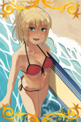 Rule 34 | 1girl, bad id, bad pixiv id, beach, bikini, blonde hair, breasts, cleavage, fang, fate/apocrypha, fate/grand order, fate (series), front-tie bikini top, front-tie top, jpeg artifacts, looking at viewer, medium breasts, mordred (fate), mordred (fate/apocrypha), mordred (swimsuit rider) (fate), navel, ocean, shirairye, side-tie bottom, solo, surf, surfboard, swimsuit, wading, water