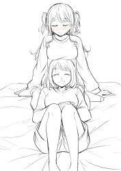 Rule 34 | 2girls, absurdres, arm support, bare legs, betock, blood, blush, breasts, closed eyes, commentary request, drooling, greyscale, highres, lap pillow, large breasts, long hair, long sleeves, lying, medium hair, monochrome, multiple girls, nervous sweating, nosebleed, on back, on bed, open mouth, original, saliva, shirt, short sleeves, spot color, sweat, two side up, yuri