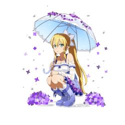 Rule 34 | 1girl, blonde hair, blouse, blue footwear, blue skirt, blue umbrella, boots, braid, breasts, cleavage, collarbone, detached sleeves, flower, full body, green eyes, hair between eyes, hair ornament, high-waist skirt, highres, holding, holding umbrella, hydrangea, jewelry, large breasts, leafa, long hair, necklace, open mouth, pointy ears, ponytail, purple flower, rubber boots, shirt, side braid, skirt, sleeveless, solo, squatting, sword art online, transparent background, twin braids, umbrella, very long hair, wet, wet clothes, wet shirt, white shirt