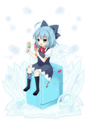 Rule 34 | circled 9, 1girl, bad id, bad pixiv id, blue eyes, blue hair, cirno, food, frog, frozen, frozen frog, hair ribbon, highres, ice, ice cream, ice wings, mary janes, matching hair/eyes, purin jiisan, ribbon, shoes, sitting, sitting on object, snowflakes, solo, touhou, wings