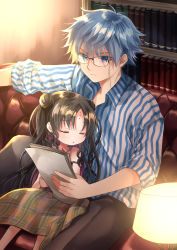 Rule 34 | 1boy, 1girl, :o, age switch, aged down, aged up, bare shoulders, black hair, black pants, blue eyes, blue hair, book, bookshelf, closed eyes, collared shirt, commentary request, couch, double bun, eyewear strap, facial mark, fate/extra, fate/extra ccc, fate/grand order, fate (series), forehead mark, glasses, hair between eyes, hair bun, hans christian andersen (adult) (fate), hans christian andersen (fate), highres, holding, indoors, iroha (shiki), lamp, long hair, on couch, pants, parted bangs, parted lips, plaid, sessyoin kiara, sessyoin kiara (lily), sessyoin kiara (swimsuit mooncancer), shirt, short sleeves, sitting, sleeping, striped clothes, striped shirt, v-shaped eyebrows, vertical-striped clothes, vertical-striped shirt, very long hair