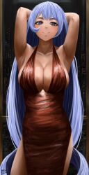 Rule 34 | 1girl, absurdres, armpits, arms up, blue eyes, blue hair, boku no hero academia, breasts, cleavage, dress, hadou nejire, highres, large breasts, light blue hair, long hair, looking at viewer, red dress, solo, steb, very long hair, window