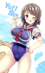 Rule 34 | 1girl, akikaze tsumuji, blue eyes, blue one-piece swimsuit, breasts, commentary request, competition swimsuit, contrapposto, cowboy shot, grey hair, grey sailor collar, large breasts, looking at viewer, love live!, love live! sunshine!!, neckerchief, one-piece swimsuit, one eye closed, purple one-piece swimsuit, red neckerchief, sailor collar, school uniform, serafuku, shirt, short hair, smile, solo, standing, swimsuit, swimsuit under clothes, uranohoshi school uniform, watanabe you, white shirt