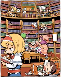 Rule 34 | 6+girls, alice margatroid, angry, apron, black hair, blonde hair, blue eyes, blue hair, blush, book, book on head, bookshelf, bow, braid, brown hair, capelet, chair, chasing, crescent, detached sleeves, dress, dropping, envelope, fairy, fairy maid (touhou), fairy wings, female focus, green hair, hair bow, hair ribbon, hairband, hakurei reimu, hat, hounori, indoors, izayoi sakuya, kirisame marisa, letter, library, long hair, love letter, lying, maid, maid apron, maid headdress, multiple girls, nose bubble, object on head, open book, patchouli knowledge, pointing, purple hair, reading, remilia scarlet, ribbon, running, sack, scroll, short hair, silver hair, skirt, sleeping, table, tears, tongue, touhou, twin braids, voile, wings, witch, witch hat