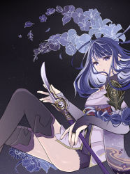 Rule 34 | 1girl, absurdres, armor, black background, black thighhighs, braid, bridal gauntlets, commentary request, floral background, floral print, from side, genshin impact, highres, huge filesize, japanese clothes, kimono, long hair, long sleeves, looking at viewer, moku yoi, mole, mole under eye, naginata, nail polish, obi, obiage, obijime, open mouth, polearm, purple eyes, purple hair, purple nails, purple thighhighs, raiden shogun, ribbon, sash, shoulder armor, solo, thighhighs, weapon, wide sleeves