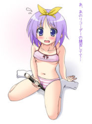 Rule 34 | 00s, 1girl, blue eyes, blue hair, blush, breasts, camisole, caught, crotch rub, feet, female masturbation, flute, hiiragi tsukasa, instrument, kneeling, looking at viewer, lucky star, masturbation, masturbation through clothes, matching hair/eyes, narutaki shin, panties, pussy juice, recorder, short hair, small breasts, socks, solo, striped clothes, striped panties, translated, underboob, underwear, underwear only