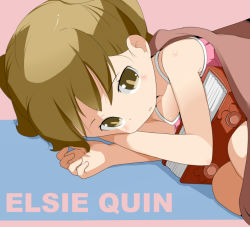 Rule 34 | 1girl, blush, book, brown eyes, brown hair, child, elsie quin, english text, female focus, long hair, lying, noora to koku no koubou, on side, solo, swimsuit, tamakorogashi, twintails