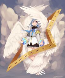 Rule 34 | 1girl, absurdres, amane kanata, amane kanata (1st costume), angel, barefoot, biblically accurate angel, black skirt, blue hair, blue ribbon, bob cut, bright pupils, closed mouth, colored inner hair, extra eyes, feathered wings, grey hair, halo, highres, hololive, long sleeves, looking at viewer, medium hair, miniskirt, multicolored hair, multiple wings, neck ribbon, purple eyes, ribbon, seraph, shirt, skirt, solo, twitter username, virtual youtuber, white pupils, white shirt, wings, yoako