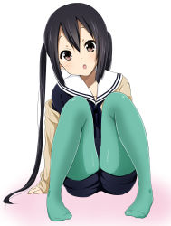 Rule 34 | 1girl, :o, bad id, bad pixiv id, black hair, blue pantyhose, blush, brown eyes, cardigan, feet, head tilt, highres, k-on!, k-on! movie, long hair, nakano azusa, no shoes, official style, open cardigan, open clothes, open mouth, pantyhose, ragho no erika, simple background, sitting, solo, sweater, white background