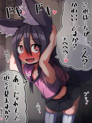 Rule 34 | 1girl, alley, animal ear fluff, animal ears, armpits, arms up, backpack, bag, black hair, black skirt, blush, clothes lift, commentary request, fang, fox ears, fox tail, hands on own head, highres, leaning forward, lifting own clothes, lifted by tail, long hair, midriff, miniskirt, moyachii, open mouth, original, outdoors, pink shirt, randoseru, red eyes, shirt, short sleeves, skirt, skirt lift, smile, solo, t-shirt, tail, thighhighs, translation request, white thighhighs, zettai ryouiki
