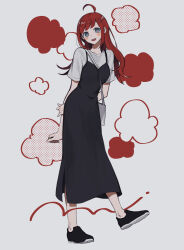 Rule 34 | 1girl, :d, ahoge, arms behind back, bag, black dress, black footwear, blush, breasts, dress, full body, grey background, grey eyes, highres, long hair, looking at viewer, maco22, open mouth, original, red background, red hair, shirt, shoes, short sleeves, shoulder bag, simple background, sleeveless, sleeveless dress, small breasts, smile, solo, standing, teeth, two-tone background, upper teeth only, white background, white shirt