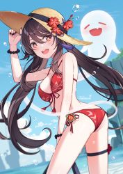Rule 34 | 1girl, :d, artist name, ass, bare shoulders, beach, bead bracelet, beads, bikini, black nails, blue sky, blush, bracelet, breasts, brown hair, cleavage, day, closed eyes, fang, flower, genshin impact, ghost, hand on headwear, hat, highres, hu tao (genshin impact), jewelry, looking at viewer, nail polish, navel, ocean, open mouth, plum blossoms, red bikini, red eyes, sky, small breasts, smile, solo, standing, straw hat, summer, swimsuit, symbol-shaped pupils, twintails, vision (genshin impact), yaruwashi
