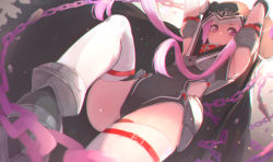 Rule 34 | 1girl, arms up, black cloak, black footwear, black leotard, blurry, blurry foreground, chain, cloak, closed mouth, commentary request, covered navel, depth of field, fate/grand order, fate (series), hood, hood up, hooded cloak, leotard, long hair, looking at viewer, md5 mismatch, medusa (fate), medusa (lancer) (fate), medusa (rider) (fate), pink hair, purple eyes, resolution mismatch, rider, sidelocks, solo, source larger, thighhighs, torn cloak, torn clothes, tostos, very long hair, white thighhighs