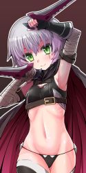 Rule 34 | 1girl, armpits, ass, bandages, bare shoulders, belt, black belt, black panties, black thighhighs, cleavage cutout, clothing cutout, fate/apocrypha, fate/grand order, fate (series), green eyes, grey hair, halulu, happy, jack the ripper (fate/apocrypha), looking at viewer, panties, scar, short hair, simple background, smile, solo, thighhighs, underwear