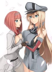 Rule 34 | &gt;:), 2girls, ark royal (kancolle), bad id, bad pixiv id, bare shoulders, bismarck (kancolle), blonde hair, blue eyes, breasts, brown gloves, corset, crossed arms, detached sleeves, fingerless gloves, ghound, gloves, hair between eyes, hairband, hat, highres, kantai collection, large breasts, long hair, long sleeves, military, military uniform, multiple girls, peaked cap, red hair, short hair, simple background, smile, tiara, uniform, v-shaped eyebrows, white background, white corset, white legwear