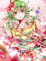 Rule 34 | 1girl, bad id, bad pixiv id, bare shoulders, belt, bow, bracelet, green eyes, green hair, gumi, hair bow, hair ornament, hairclip, highres, jewelry, looking at viewer, makeup, matching hair/eyes, nail polish, nou (nounknown), open mouth, short hair, solo, vocaloid