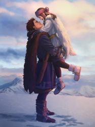 Rule 34 | 10s, 1boy, 1girl, absurdres, ainu, ainu clothes, asirpa, bandana, black hair, blush, boots, cape, cloud, cloudy sky, coat, dagger, earrings, closed eyes, face-to-face, fingerless gloves, full body, fur boots, fur cape, gloves, golden kamuy, highres, hoop earrings, jewelry, knife, leg warmers, lifting person, long hair, long sleeves, looking at another, mountain, mprichin, open mouth, pantyhose, profile, scabbard, scar, scar on face, sheath, sheathed, short hair, signature, sky, smile, snow, standing, sugimoto saichi, weapon