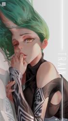 Rule 34 | 1girl, arknights, artist name, black dress, clothing cutout, clothing request, commentary request, dress, finger to mouth, green hair, highres, horns, hoshiguma (arknights), hoshiguma (ronin huntress) (arknights), jewelry, looking at viewer, necklace, official alternate costume, open mouth, shoulder cutout, simple background, single horn, solo, tagme, train hb, yellow eyes