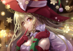Rule 34 | 1girl, adapted costume, akane hazuki, bag, blonde hair, blurry, blurry background, bokeh, bow, braid, breasts, christmas, cleavage, commentary request, depth of field, elbow gloves, finger to mouth, gloves, hair between eyes, hair bow, hat, hat bow, head tilt, holding, holding bag, kirisame marisa, lens flare, long hair, looking at viewer, medium breasts, parted lips, pom pom (clothes), red gloves, red hat, side braid, snowflakes, snowing, solo, touhou, upper body, white bow, witch hat, yellow eyes