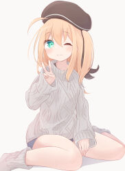 Rule 34 | 1girl, absurdres, aqua eyes, bare legs, black headwear, black ribbon, blue shorts, blush, closed mouth, commentary request, full body, grey socks, grey sweater, hair between eyes, hand up, highres, long hair, long sleeves, no shoes, one eye closed, original, ribbon, shadow, shorts, side ponytail, sidelocks, simple background, sitting, socks, solo, sweater, tsukimi (rivia), v, wariza, white background, wide sleeves
