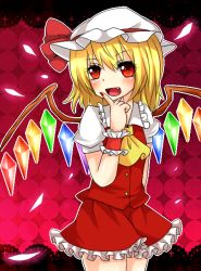 Rule 34 | 1girl, bad id, bad pixiv id, blonde hair, blouse, collared shirt, embodiment of scarlet devil, fang, female focus, flandre scarlet, hair between eyes, hat, mob cap, red background, red eyes, shirt, solo, touhou, white hat, white shirt, wings, yuria (kittyluv)