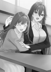 Rule 34 | 2girls, blush, closed eyes, collarbone, collared shirt, commentary request, greyscale, hair between eyes, hamu (plot sy), highres, hug, jacket, long hair, long sleeves, mole, mole under mouth, monochrome, multiple girls, open clothes, open jacket, open mouth, original, shirt, shirt tucked in, siblings, sisters, smile