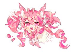 Rule 34 | 1girl, absurdres, ahoge, animal ear fluff, animal ears, breasts, chibi, fang, food, food-themed hair ornament, fox ears, fox girl, fruit, hair ornament, highres, indie virtual youtuber, kireina (osiimi), linda evans, mole, mole on breast, open mouth, pink eyes, pink hair, solo, strawberry, strawberry hair ornament, twintails, virtual youtuber