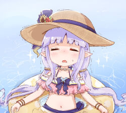 Rule 34 | 1girl, arched bangs, bikini, blush, brown hat, closed eyes, collarbone, commentary request, hat, implied peeing, innertube, kyoka (summer) (princess connect!), kyoka (princess connect!), long hair, low twintails, morita (mofuball319), navel, nose blush, off-shoulder bikini, off shoulder, official alternate costume, open mouth, partially submerged, pointy ears, princess connect!, purple hair, solo, sun hat, swim ring, swimsuit, trembling, twintails, upper body, very long hair, water