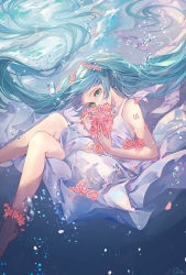 Rule 34 | 1girl, air bubble, alternate costume, anklet, bare legs, bare shoulders, barefoot, blue eyes, blue hair, blurry, bubble, commentary request, covering own mouth, covering privates, depth of field, dress, expressionless, feet out of frame, floating hair, flower, hair flower, hair ornament, hatsune miku, head tilt, jewelry, long dress, long hair, looking at viewer, number tattoo, pink flower, pink rose, qie, rose, shoulder tattoo, signature, sleeveless, sleeveless dress, solo, tattoo, twintails, underwater, very long hair, vocaloid, water, white dress