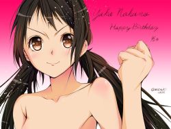 Rule 34 | 10s, 1girl, armpits, artist name, bare shoulders, black hair, blush, breasts, brown eyes, casual nudity, clenched hand, collarbone, english text, female focus, fighting stance, gradient background, happy, happy birthday, idolmaster, idolmaster cinderella girls, long hair, long twintails, looking at viewer, low twintails, medium breasts, mitsuki (omezame alice), nakano yuka, namco, neck, nude, pink background, shiny skin, smile, smug, solo, topless, topless frame, twintails, upper body