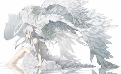Rule 34 | 1girl, angel, bare shoulders, blue eyes, detached wings, dress, feathers, frills, halo, highres, long hair, looking to the side, multiple wings, original, reflection, ripples, sidelocks, sitting, solo, sundress, water, white dress, white hair, wings, yuzua