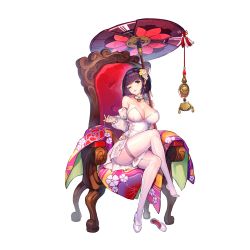 Rule 34 | 1girl, breasts, chinese knot, choker, cleavage, collarbone, corset, crossed legs, daika (last origin), detached sleeves, earrings, feet, floral print, flower, frilled sleeves, frills, full body, game cg, gem, hair flower, hair ornament, hair ribbon, heart, heart necklace, highres, japanese clothes, jewelry, kimono, lace trim, large breasts, last origin, legs, looking at viewer, microskirt, mole, mole under eye, multicolored clothes, multicolored kimono, necklace, o-ring, o-ring choker, official alternate costume, official art, one eye closed, paintale, pantyhose, parasol, parted lips, pink flower, print kimono, purple hair, red gemstone, ribbon, seamed legwear, see-through, see-through sleeves, shoes, short hair, side-seamed legwear, single shoe, sitting, skirt, solo, tachi-e, throne, transparent background, umbrella, undressing, unworn kimono, unworn shoe, unworn shoes, white choker, white corset, white flower, white footwear, white pantyhose, white ribbon, white skirt, yellow eyes, yellow flower