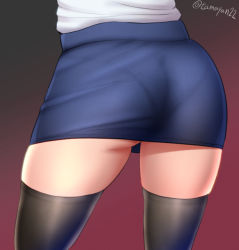 Rule 34 | 1girl, ass, ass focus, black thighhighs, from behind, gradient background, head out of frame, legs, lower body, original, pantylines, skirt, solo, tamayan, thighhighs, thighs, twitter username, zettai ryouiki