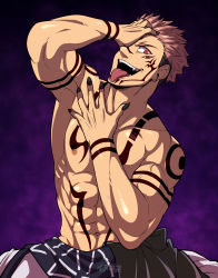 Rule 34 | 1boy, abs, absurdres, arm up, black nails, extra eyes, hand on own face, highres, inunekostudio, jujutsu kaisen, looking at viewer, male focus, muscular, nail polish, navel, nipples, one eye covered, pink hair, red eyes, ryoumen sukuna (jujutsu kaisen), topless male, short hair, solo, tattoo, tongue, tongue out, undercut, veins