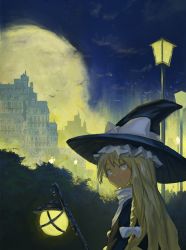 Rule 34 | 1girl, architecture, black hat, black vest, blonde hair, blurry, blurry background, braid, broom, building, cloud, fjsmu, full moon, gothic architecture, hair ribbon, hat, hat ribbon, high collar, highres, kirisame marisa, lamppost, lantern, long hair, looking at viewer, moon, night, outdoors, ribbon, shirt, single braid, smile, solo, standing, touhou, tree, tress ribbon, upper body, very long hair, vest, white shirt, witch hat, yellow eyes