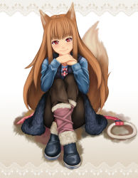 Rule 34 | 1girl, animal ears, bad id, bad pixiv id, border, brown hair, fur trim, head rest, head tilt, highres, holo, jewelry, kats, long hair, long sleeves, looking at viewer, necklace, red eyes, sitting, smile, solo, spice and wolf, tail, vest, wolf ears, wolf tail