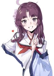 Rule 34 | 1girl, blue archive, blush, fang, gohanduck, halo, heart, highres, index finger raised, japanese clothes, long hair, long sleeves, looking at viewer, neckerchief, open mouth, purple eyes, purple hair, red neckerchief, sailor collar, school uniform, serafuku, simple background, skin fang, solo, thick eyebrows, upper body, white background, wide sleeves, yukari (blue archive)