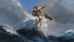 Rule 34 | blonde hair, blue eyes, cloud, gun, intrepid (kancolle), jumping, kantai collection, ocean, open mouth, rifle, shoes, solo, waves, weapon, ye fan
