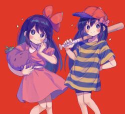 Rule 34 | 2girls, aubrey (faraway) (omori), aubrey (omori), baseball bat, baseball cap, blue shirt, blush, bow, closed mouth, collarbone, cosplay, dress, hair bow, hat, highres, holding, holding baseball bat, holding stuffed toy, hyaku (momongamomomo), looking at viewer, mother (game), mother 2, multicolored shirt, multiple girls, ness (mother 2), ness (mother 2) (cosplay), nintendo, omori, paula (mother 2), paula (mother 2) (cosplay), pink bow, pink dress, puffy short sleeves, puffy sleeves, purple eyes, purple hair, red background, red bow, red headwear, shirt, short sleeves, simple background, smile, striped clothes, striped shirt, stuffed eggplant, stuffed toy, yellow shirt