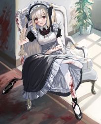 Rule 34 | 1girl, absurdres, apron, bad id, bad pixiv id, black dress, black footwear, blood, blood on arm, blood on clothes, blood on ground, blood on wall, commentary request, dress, elbow rest, gawako, hand up, highres, indoors, light brown hair, long hair, looking at viewer, maid, maid apron, maid headdress, neck ribbon, on chair, open mouth, original, pantyhose, plant, potted plant, puffy short sleeves, puffy sleeves, red eyes, red ribbon, ribbon, shoes, unworn shoes, short sleeves, single shoe, sitting, solo, teeth, two side up, upper teeth only, white pantyhose