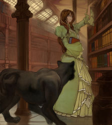 Rule 34 | 1girl, animal, black panther, book, brown hair, dress, green eyes, lack, library, light, panther, shelf, smile, solo, window