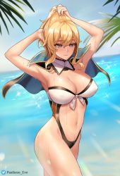 1girl, armpits, arms behind head, arms up, bangs, beach, black swimsuit, blonde hair, blue eyes, blue sky, blush, breasts, capelet, center opening, cleavage, detached collar, genshin impact, highleg, highleg swimsuit, highres, jean gunnhildr (genshin impact), large breasts, long hair, navel, pantheon eve, sidelocks, sky, smile, sparkle, swimsuit, two-tone swimsuit, wet, white swimsuit