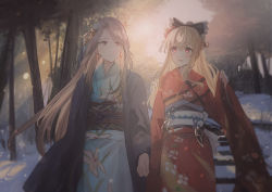 Rule 34 | 2girls, :d, backlighting, black bow, blonde hair, blue kimono, blurry, blurry background, blush, bow, brown eyes, brown hair, chihuri, closed mouth, commentary request, depth of field, floral print, flower, granblue fantasy, hair bow, hair flower, hair ornament, highres, holding hands, japanese clothes, katalina (granblue fantasy), kimono, long hair, long sleeves, multiple girls, obi, open clothes, open mouth, outdoors, pinching sleeves, ponmokyu, print kimono, red eyes, red kimono, sash, sleeves past wrists, smile, snow, snowing, swept bangs, tree, very long hair, vira (granblue fantasy), white flower, wide sleeves, yuri