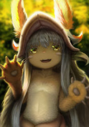 Rule 34 | 1girl, :d, backlighting, blurry, colored eyelashes, depth of field, ears through headwear, fake horns, furry, furry female, green eyes, head tilt, helmet, highres, horizontal pupils, horned helmet, horns, looking at viewer, made in abyss, nanachi (made in abyss), open mouth, ransui (al-nit-ak), smile, solo, whiskers, white hair
