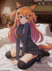 Rule 34 | 1girl, absurdres, animal ears, artist name, bed sheet, black footwear, black ribbon, black thighhighs, blush, boots, bow, commentary request, ear ribbon, hair ribbon, highres, hmax, horse ears, horse girl, horse tail, indoors, long hair, long sleeves, looking at viewer, mayano top gun (umamusume), nail polish, on bed, orange hair, pillow, ribbon, sitting, solo, tail, thighhighs, thighs, umamusume, wariza, yellow eyes