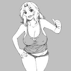 Rule 34 | 1girl, breasts, cleavage, commentary, covered erect nipples, cowboy shot, cutoffs, denim, denim shorts, girls und panzer, greyscale, hair intakes, hand on own hip, highres, kay (girls und panzer), large breasts, long hair, looking at viewer, micro shorts, monochrome, onsen tamago (hs egg), open mouth, shorts, smile, solo, standing