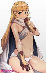 Rule 34 | 1girl, blonde hair, blush, braid, breasts, brown gloves, cape, covering privates, covering breasts, crown braid, fire emblem, fire emblem heroes, ge-b, gloves, gradient background, green eyes, grey background, highres, long hair, medium breasts, navel, nintendo, open mouth, panties, sharena (fire emblem), simple background, sitting, solo, topless, twitter username, underwear, very long hair, white cape, white panties