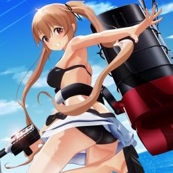 Rule 34 | 10s, 1girl, 3d, alternate costume, armpits, ass, bikini, bikini skirt, black bikini, black footwear, blonde hair, breasts, cloud, day, from below, funnel, grin, highres, kantai collection, looking at viewer, medium breasts, murasame (kancolle), ocean, outdoors, outstretched arm, panties, pantyshot, ponpu-chou, red eyes, shiny clothes, shoes, skirt, sky, smile, smokestack, solo, standing, swimsuit, teeth, turret, twintails, underwear, upskirt, white skirt